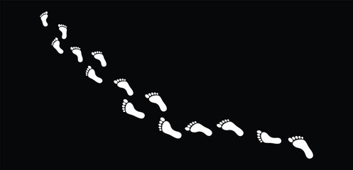 White Barefoot Footprints Trail on Black Background Vector Illustration