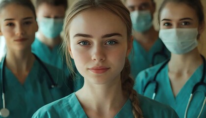 The image shows a young woman in teal medical scrubs, with a stethoscope and several other masked medical professionals behind her, slightly out of focus.