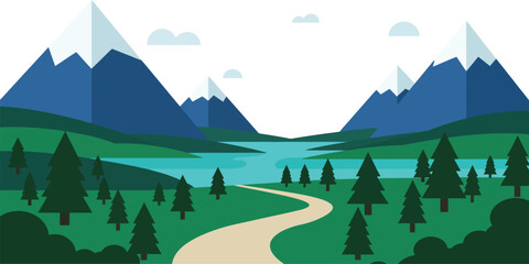 Mountain Lake Valley Illustration - Winding Path through Pines, Flat Vector Landscape