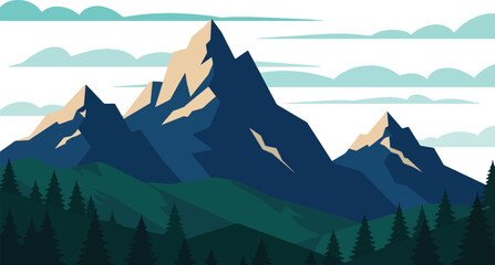 Alpine Mountain Range Illustration - Snowy Peaks and Pine Forest Minimal Vector