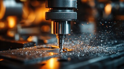 Close-up of a CNC machining process.  Metal workpiece being drilled.  Sparks and metal chips fly.  Industrial setting.  High-precision machinery