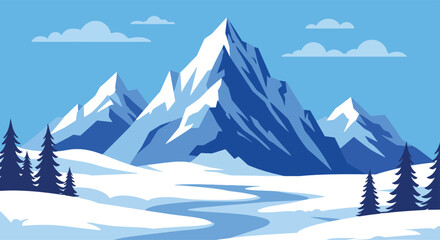 Winter Mountain Landscape Illustration - Snowy Peaks, Pine Trees and River, Vector Background