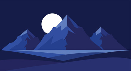 Night Mountain Landscape Illustration - Moonlit Peaks and Pine Forest, Minimal Vector Clipart