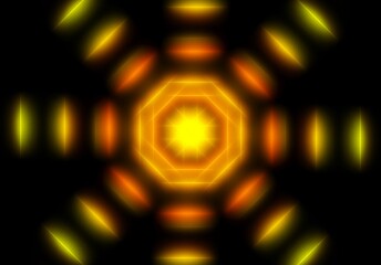 abstract geometric neon light lines kaleidoscope mandala art Vibrant neon spiral design with glowing purple, pink, and yellow rays. Perfect for futuristic backgrounds, posters, or digital art