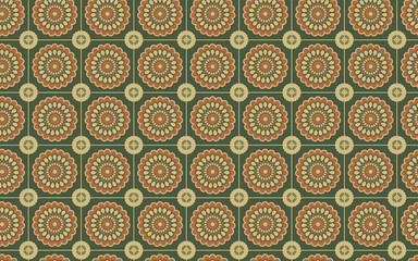 Decorative Seamless Pattern flowers green and orange color, seamless pattern of thai style.