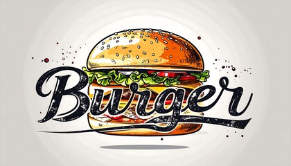 A detailed illustration of a burger with a bold, stylized wordmark