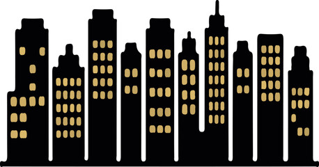 Black silhouette cityscape with glowing windows buildings skyscrapers