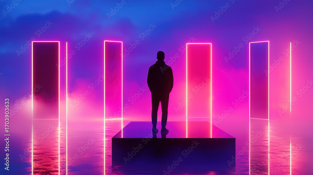 Poster man stands on reflective platform surrounded by glowing neon doors, creating surreal atmosphere with