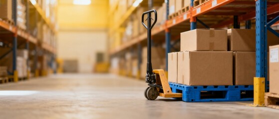 Warehouse with pallet truck and shelves