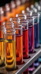Closeup of colorful test tubes filled with bright liquids