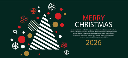 Merry Christmas 2026 Banner - Dark Green Background with Abstract Tree, Snowflakes and Dots