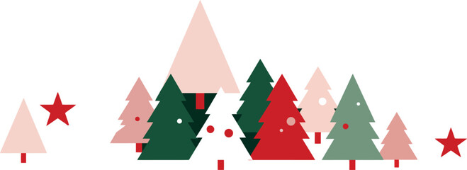 Minimal Christmas Trees Border – Red and Green Pastel Forest with Stars, Modern Holiday Vector Clipart