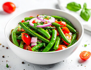 Stewed green beans, with sliced onion and tomatoes. AI