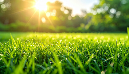 Fototapeta premium Lush green grass bathed in warm sunlight, a vibrant summer scene.