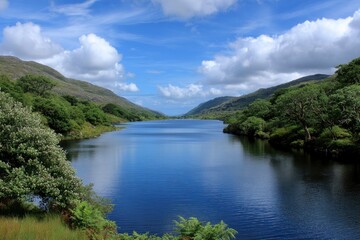 Fototapeta premium A blue river runs through a valley of green hills beneath a partly cloudy sky