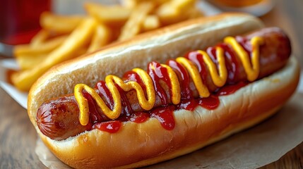 Close-up of a hot dog with ketchup and mustard, served with french fries