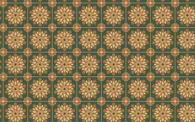 Decorative Seamless Pattern flowers green and orange color, seamless pattern of thai style.