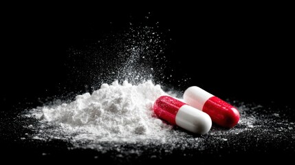 Red and white capsules lie next to a mound of white powder on a black surface. The arrangement highlights the vivid colors and textures, creating an intriguing visual effect.