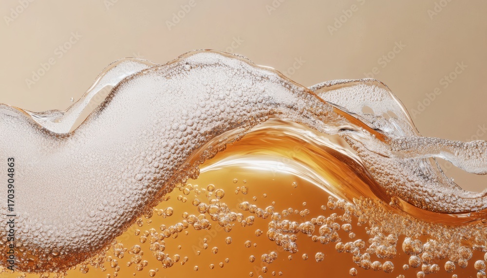 Poster the image shows a close-up view of a wave of amber liquid with many small bubbles, set against a lig