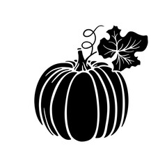 Pumpkin with leaf and tendril, black silhouette isolated on white. Pumpkin black shape, imprint of drawing or stencil. Vector or png clipart for autumn harvest illustration, Thanksgiving design.
