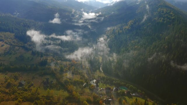 Breathtaking bird's eye view of the serene Prut River valley nestled between evergreen mountain slopes. Carpathian mountains, Ukraine.