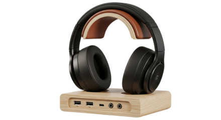 Immersive black headphones serenely perched on a chic wooden stand promising hours of on transparent background