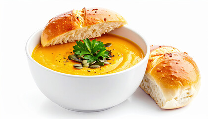 Creamy pumpkin soup with pumpkin seeds and fresh parsley. AI