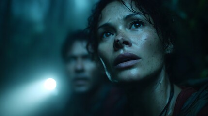 Tense cinematic still of a terrified woman holding a flashlight in a dark jungle at night. A mysterious figure is blurred in the background.