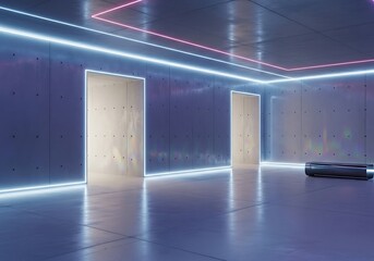 Abstract room illuminated by neon lights and doors in the background
