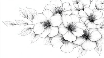 Obraz premium Beautiful floral illustration featuring delicate white flowers with intricate details and leaves, conveying elegance and tranquility