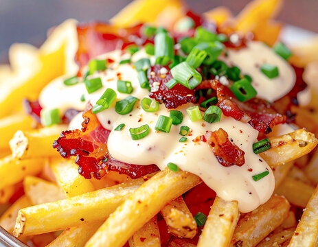 French fries loaded with bacon, white cheese sauce and spring onion. AI