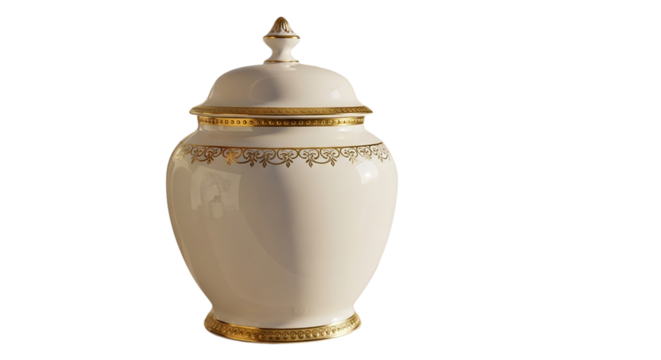 Porcelain urn whispers tales of bygone eras adorned with delicate gold filigree an ode to on transparent background