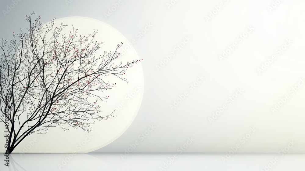 Poster minimalist design featuring bare tree with delicate branches and small red buds against large, soft 