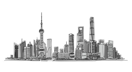 Naklejka premium Shanghai city skyline illustration in line style on transparent background 