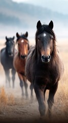 Fototapeta premium Wild horses galloping through a misty field in the early morning light