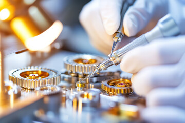 An expert watchmaker meticulously assembles the gears of a luxury mechanical watch. This image captures the precision and artistry involved in crafting fine timepieces.