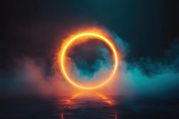 A glowing neon ring floats in darkness, emitting a rich gradient of violet to orange to blue. Its sharp edges and misty diffusion create a futuristic, ethereal atmosphere.