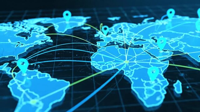 Digital world map with glowing pins and network lines representing global connectivity, data transfer, and international logistics
