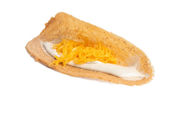 Photo of Thai crispy pancake taken with a high-resolution camera stacking focus technic using on a white background.