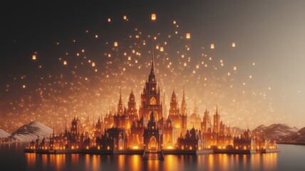 Enchanting fantasy city with spires and towers illuminated by warm lights, set against a dark sky filled with floating lanterns and distant mountains