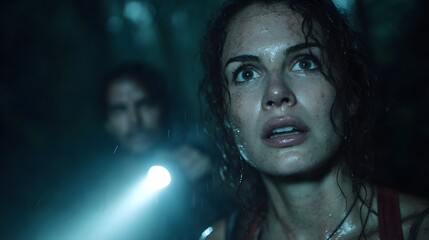 Tense cinematic still of a terrified woman holding a flashlight in a dark jungle at night. A mysterious figure is blurred in the background.