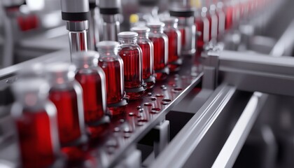 A close-up view shows a mechanized system filling numerous clear glass bottles with a dark red liquid on a conveyor belt.
