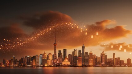 Obraz premium Golden hour illuminates a bustling metropolis skyline with a river in the foreground and glowing lanterns floating in the warm, cloudy sky