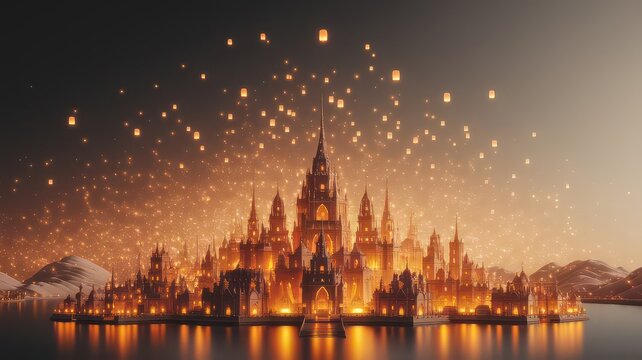 Enchanting fantasy city with spires and towers illuminated by warm lights, set against a dark sky filled with floating lanterns and distant mountains - Powered by Adobe