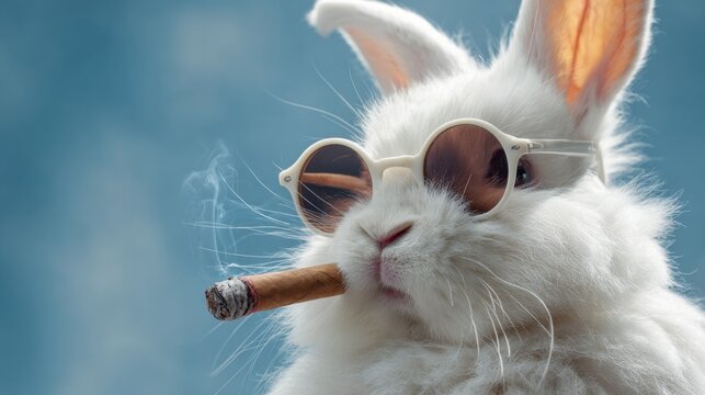 A fluffy white rabbit wearing stylish sunglasses is casually smoking a cigar outdoors under a bright blue sky, creating a quirky and humorous atmosphere.