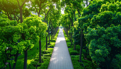 A paved path winds through a lush green park, lined with trees and manicured landscaping.