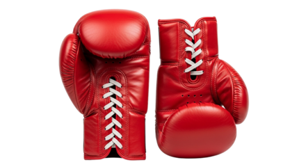 Ready for the Fight A vibrant pair of crimson red leather boxing gloves poised for action on transparent background
