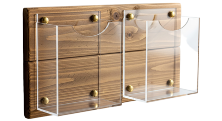 Rustic charm meets modern display Two clear acrylic pamphlet holders mounted on reclaimed wood on transparent background