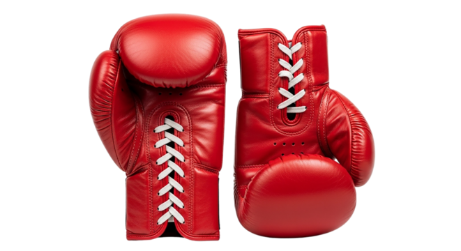 Ready for the Fight A vibrant pair of crimson red leather boxing gloves poised for action on transparent background