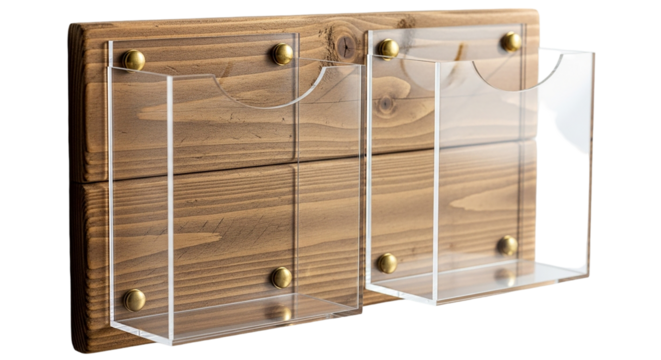 Rustic charm meets modern display Two clear acrylic pamphlet holders mounted on reclaimed wood on transparent background